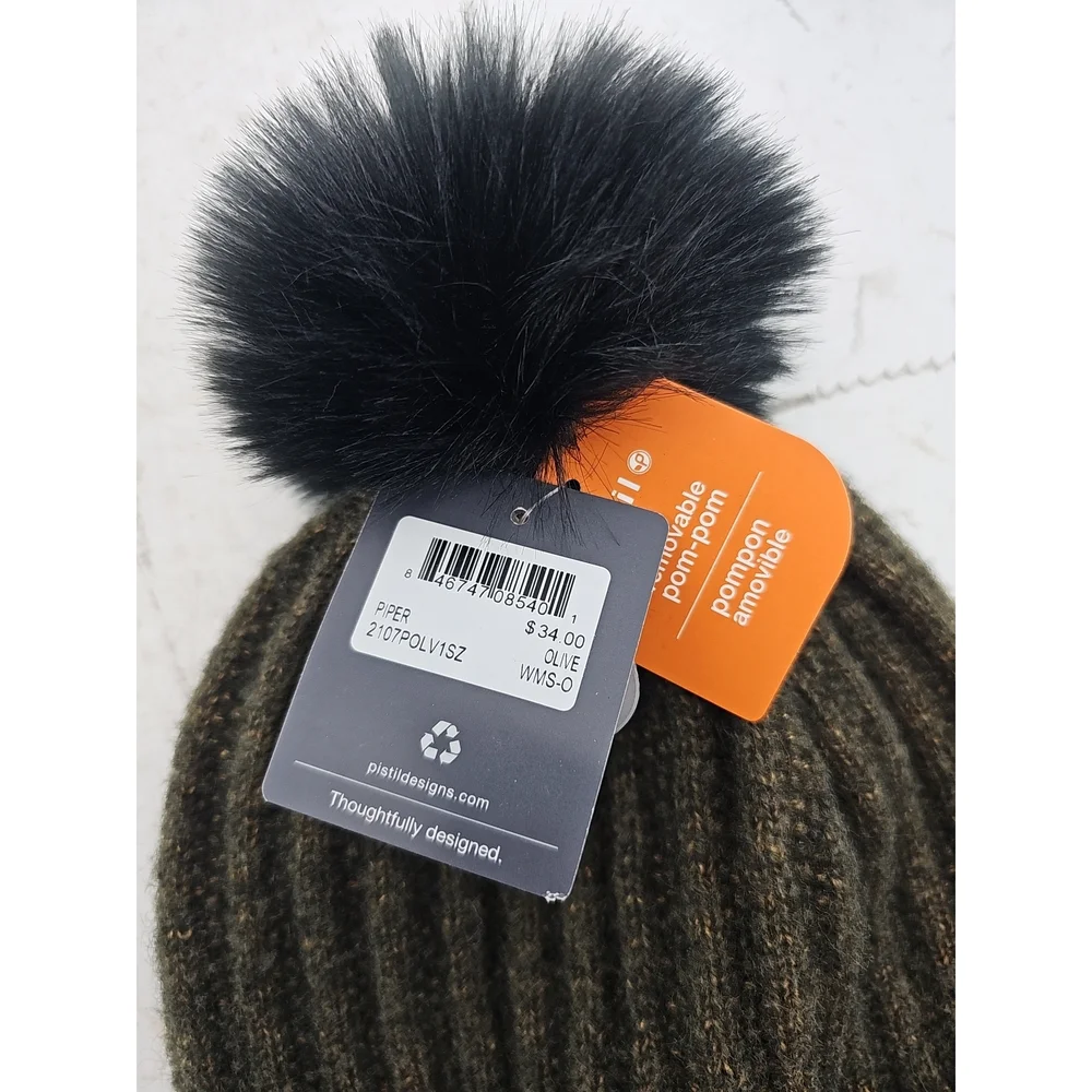 Pistil Piper Olive Green Ribbed Beanie with Faux Fur Pom